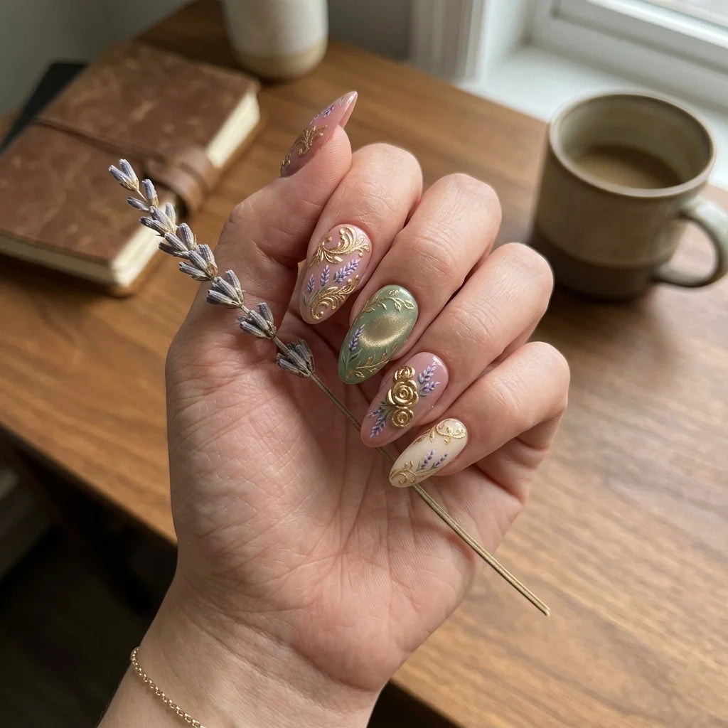 terracotta pink almond medium press on nails lavender detail 01