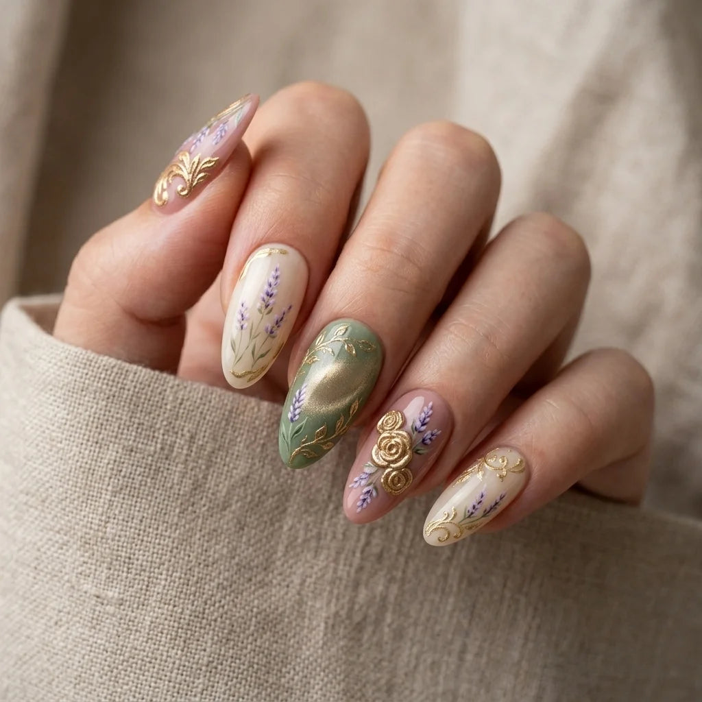 terracotta pink almond medium press on nails lavender flat lay 01
