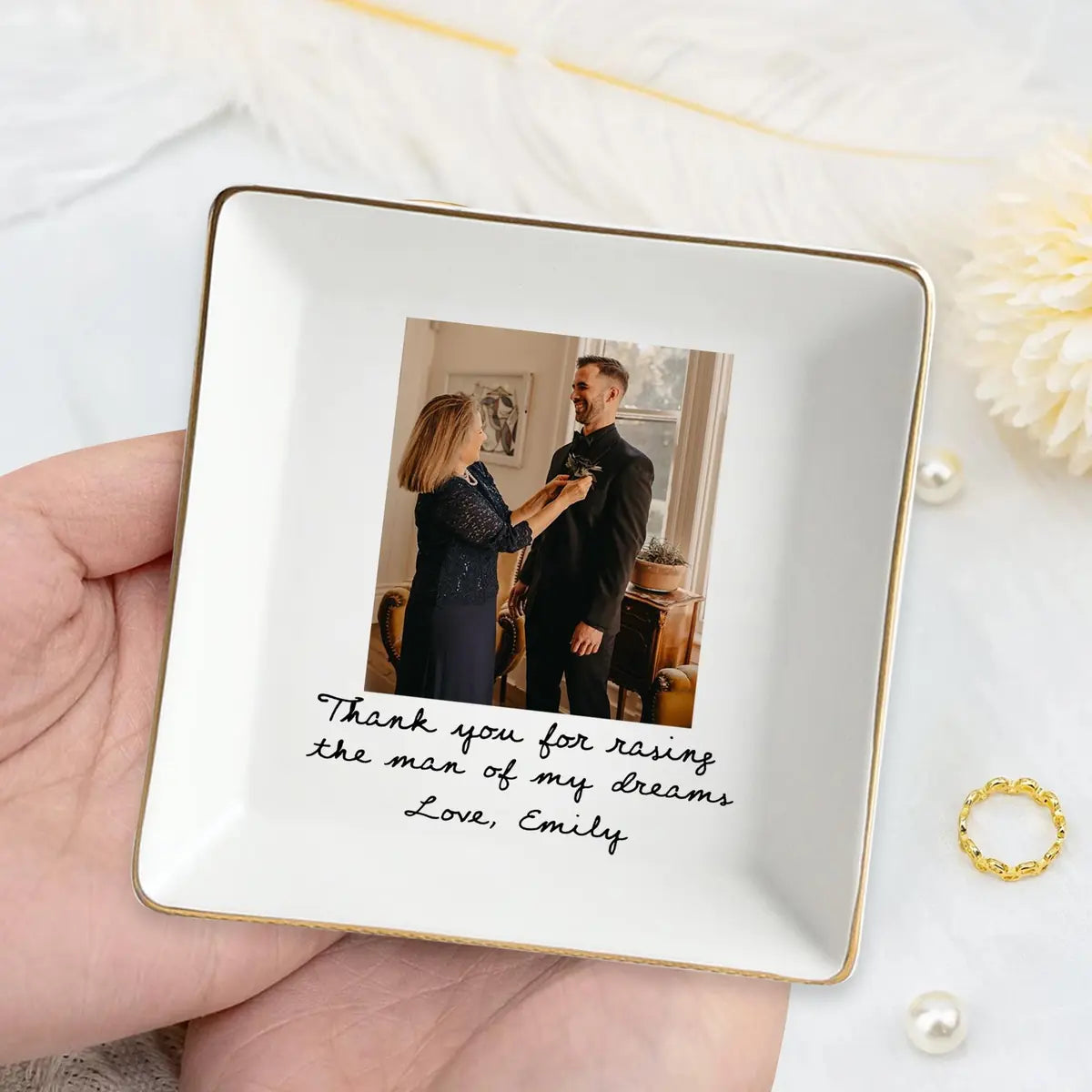 Personalized ceramic ring dish with custom photo and text for wedding, main front view
