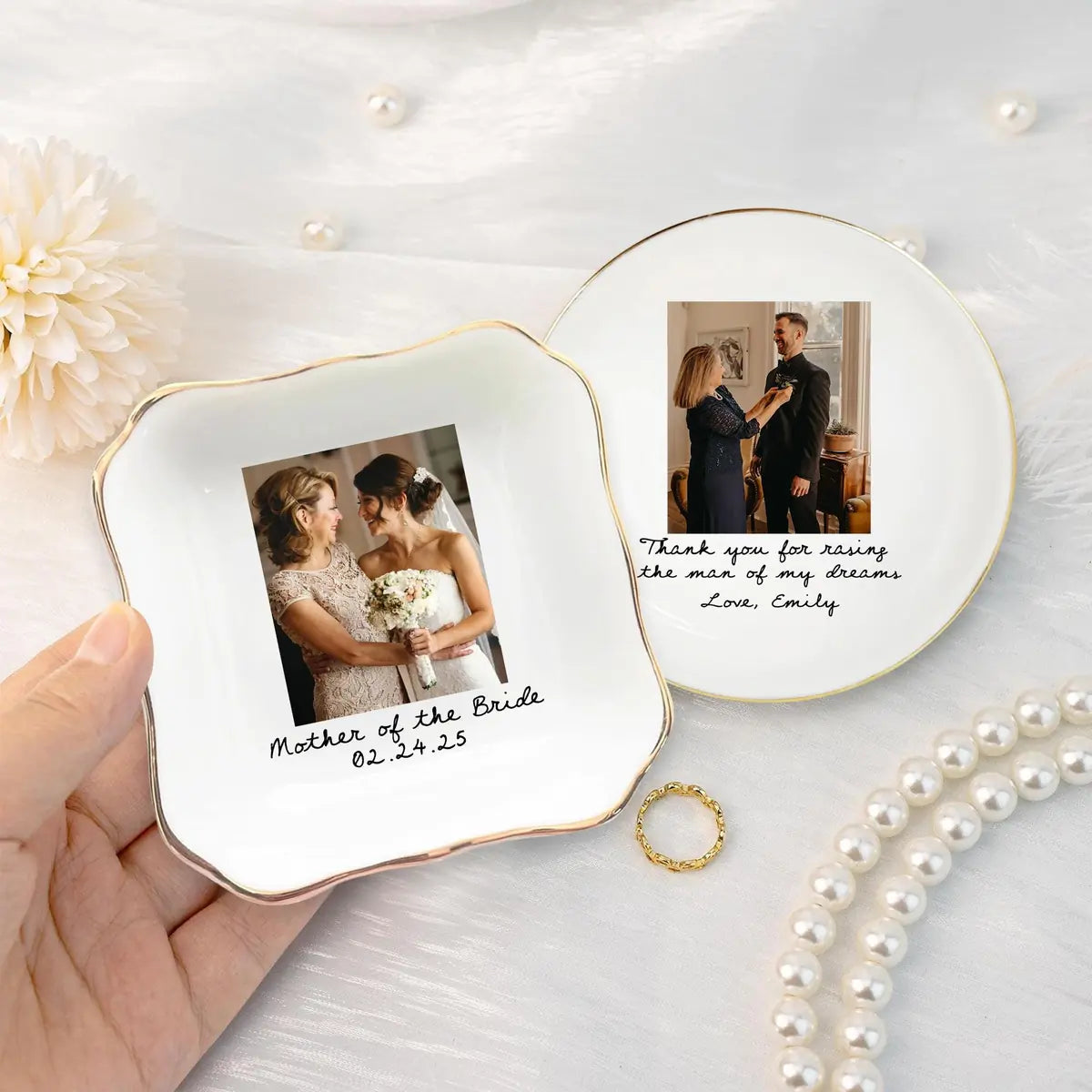 Personalized ceramic ring dish with custom photo and text for wedding, main front view