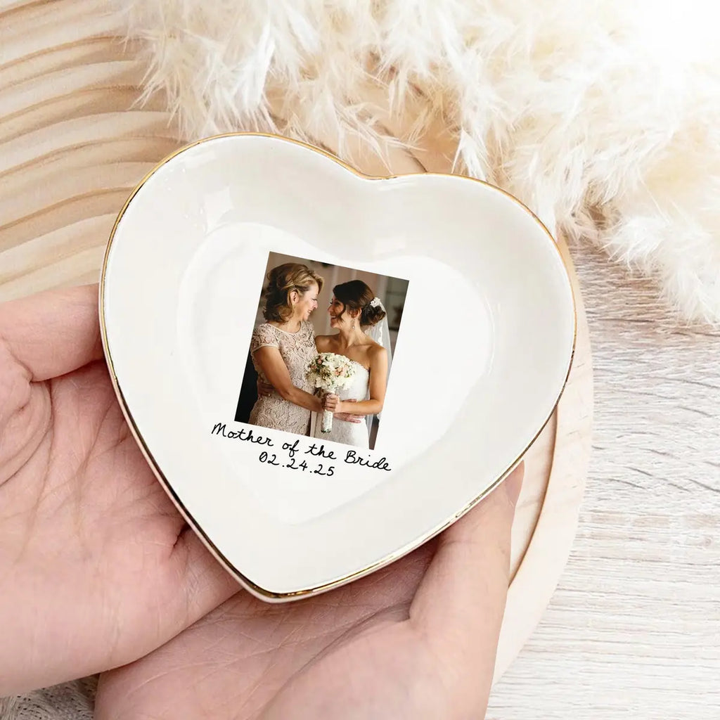 Custom photo wedding ring dish displayed elegantly on wooden bedroom nightstand