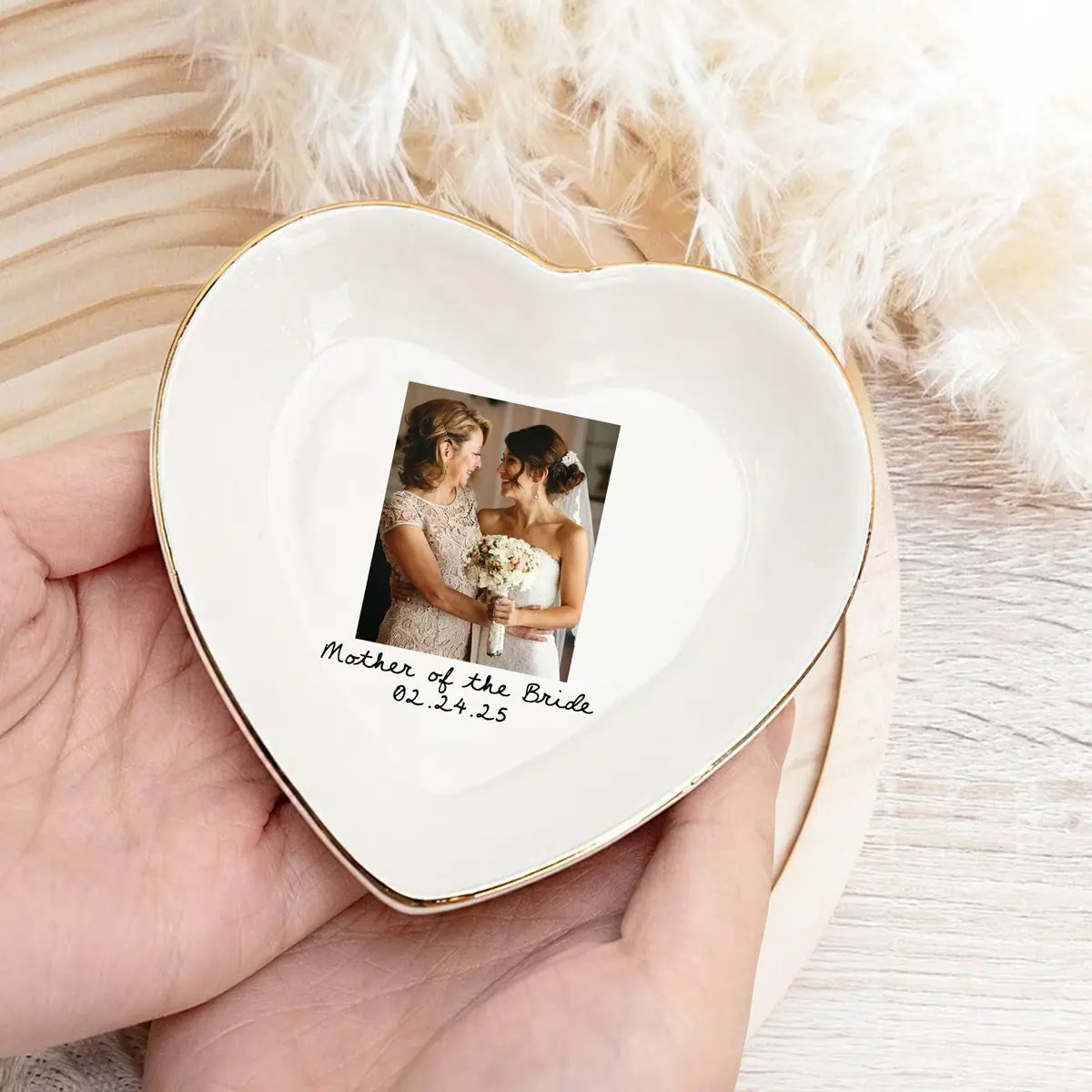 Custom photo wedding ring dish displayed elegantly on wooden bedroom nightstand
