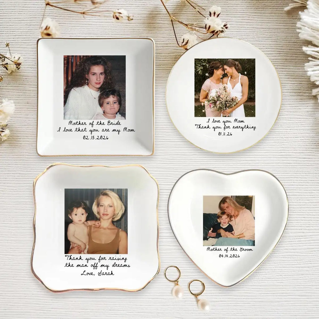 Custom photo wedding ring dish displayed elegantly on wooden bedroom nightstand