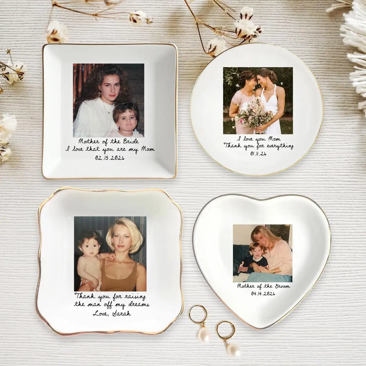 Custom photo wedding ring dish displayed elegantly on wooden bedroom nightstand