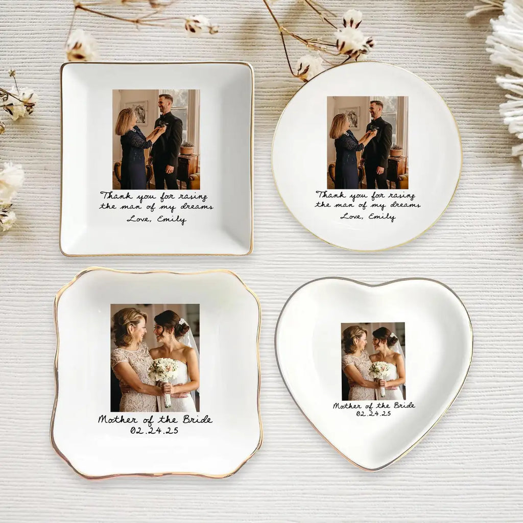 Custom photo wedding ring dish displayed elegantly on wooden bedroom nightstand