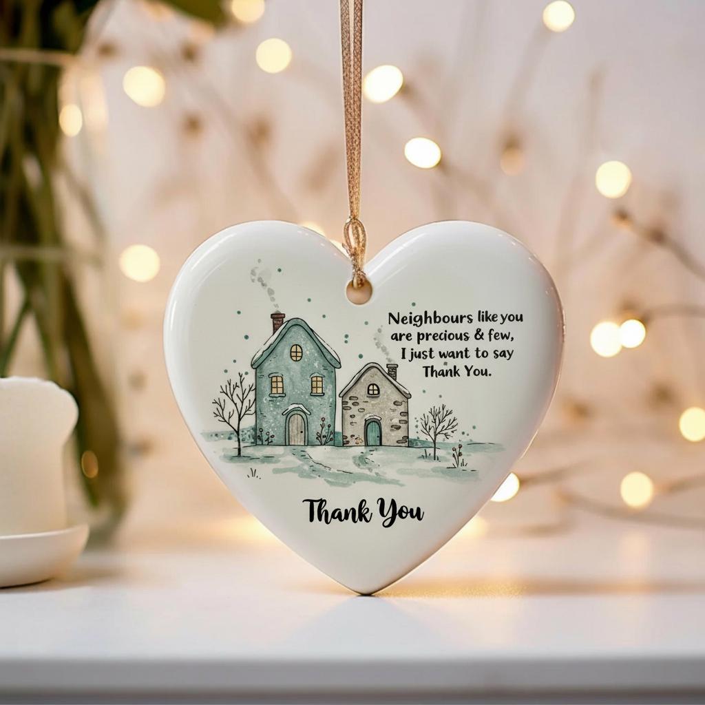 Heart-shaped ceramic ornament with a house illustration and text, hanging against a blurred background with lights.