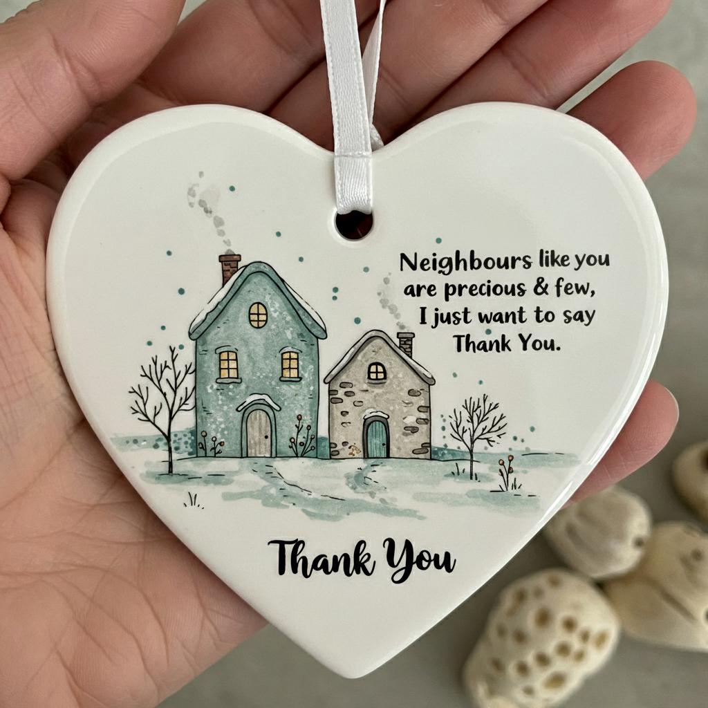 Heart-shaped ceramic ornament with a house illustration and text, hanging against a blurred background with lights.