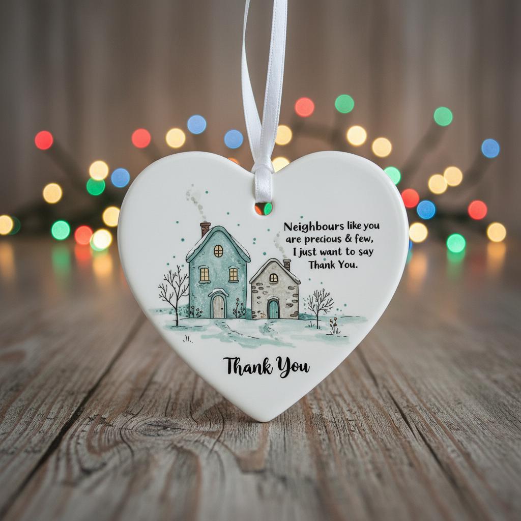 Heart-shaped ornament with houses and a message on a wooden surface with blurred lights in the background