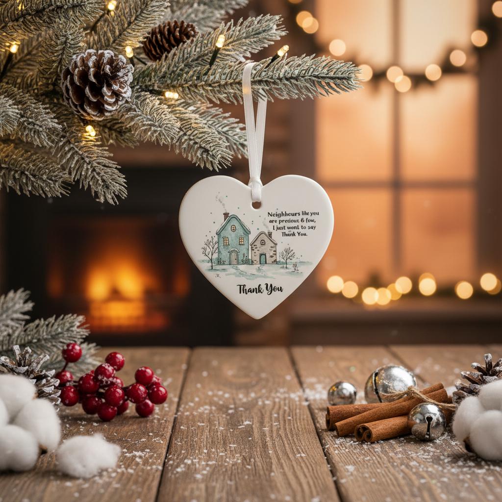 Heart-shaped ornament with a house illustration on a wooden table with Christmas decorations.