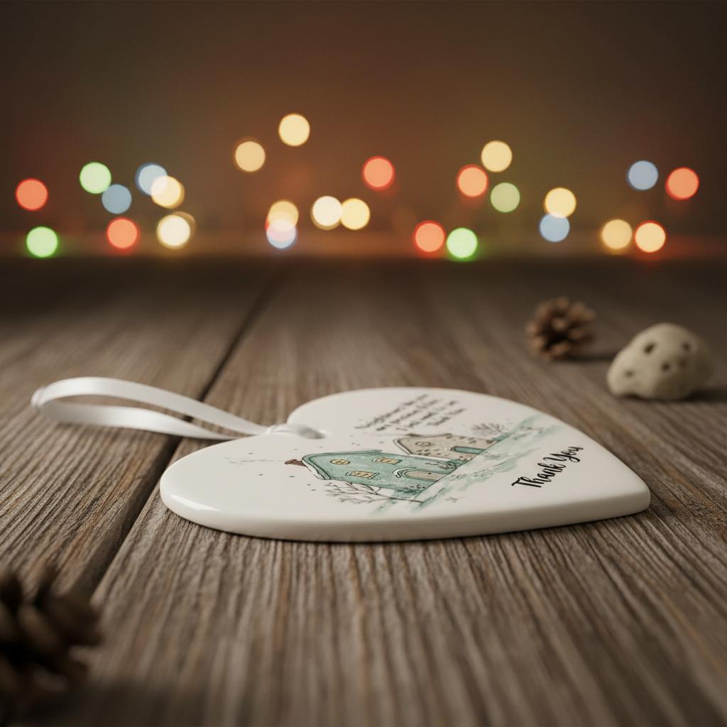 Heart-shaped decorative ornament with a design on a wooden surface with blurred lights in the background