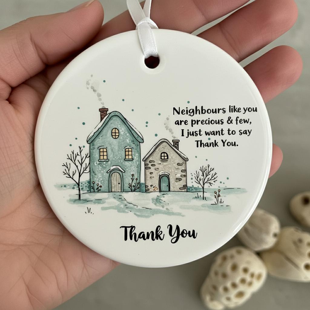 Round ceramic ornament with houses and text held in a hand