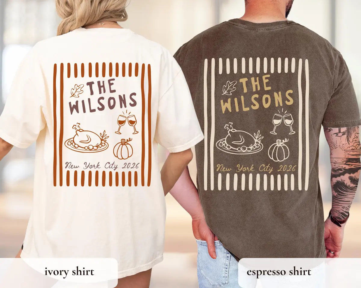 Backs of an Ivory tee with a rust print and an Espresso tee with an ivory print, both showing The Wilsons and a turkey
