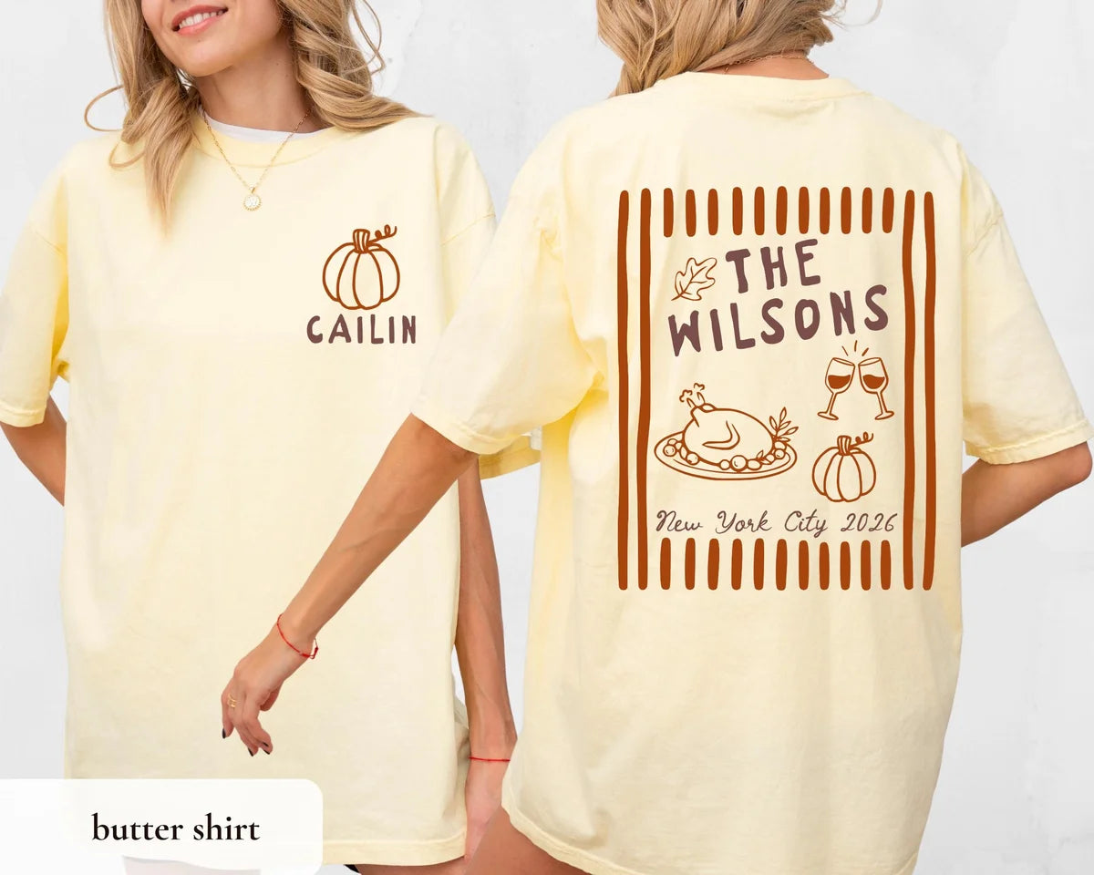 Woman in a Butter yellow Comfort Colors tee, front with a pumpkin and Cailin, back with The Wilsons and a roast turkey