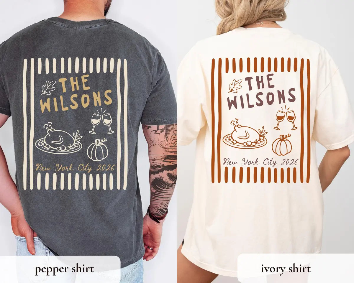 Backs of a Pepper tee with a tan print and an Ivory tee with a rust print, both with The Wilsons and a roast turkey