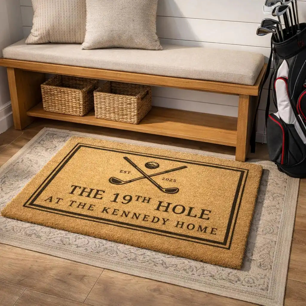 the 19th hole custom family name personalized doormat flat lay 04