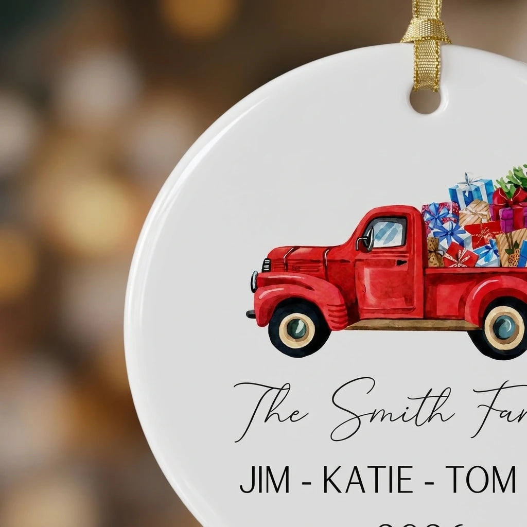the family redtruck personalized ornament detail