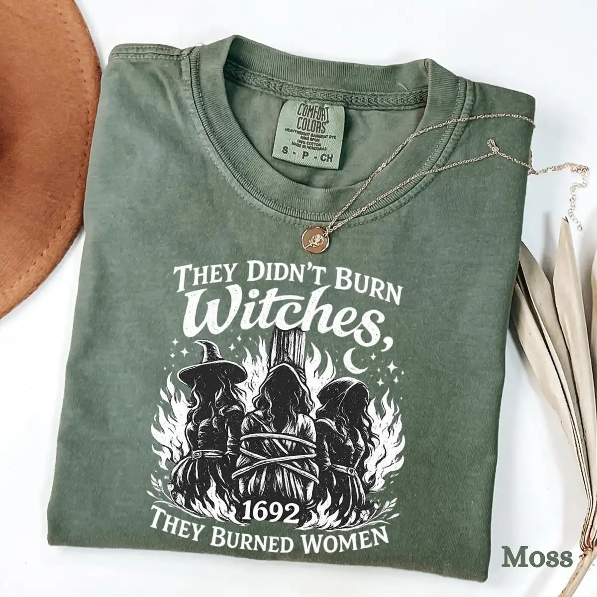 Comfort Colors T-shirt in Pepper featuring witches tied at stake graphic