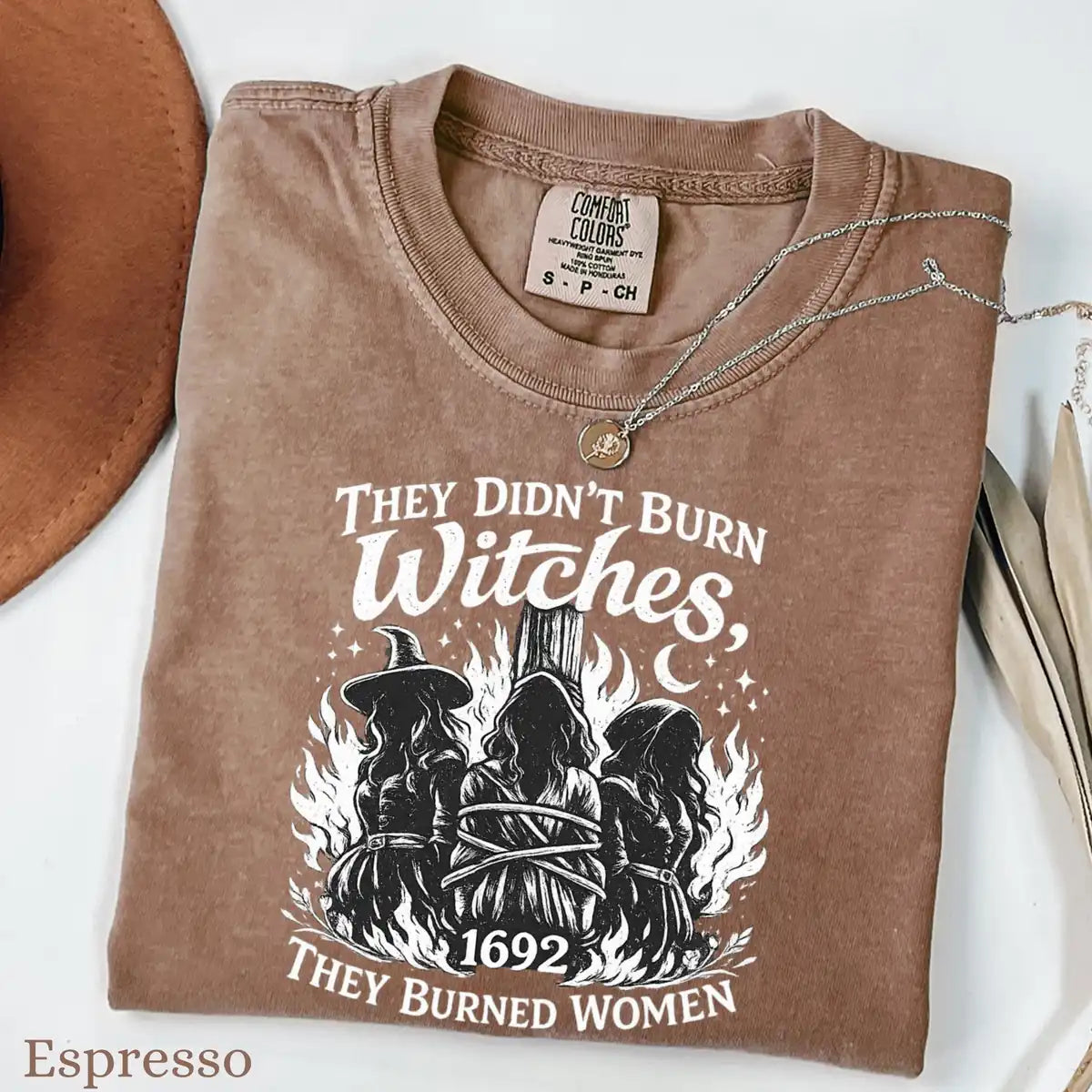Comfort Colors T-shirt in Moss featuring witches tied at stake graphic