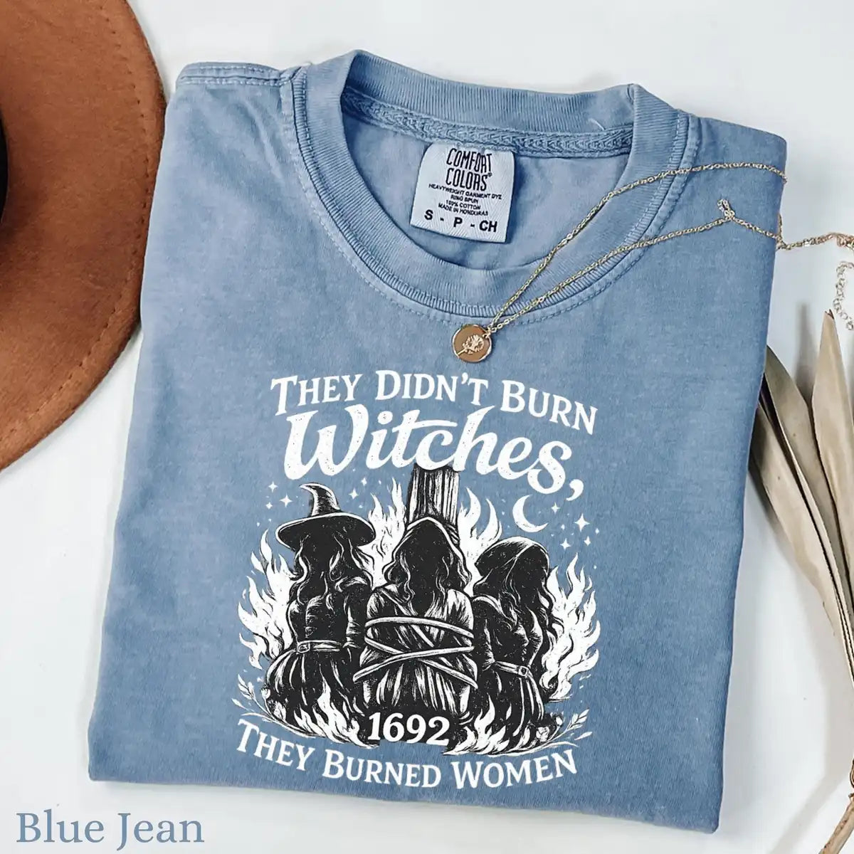 Comfort Colors T-shirt in Yam featuring witches tied at stake graphic