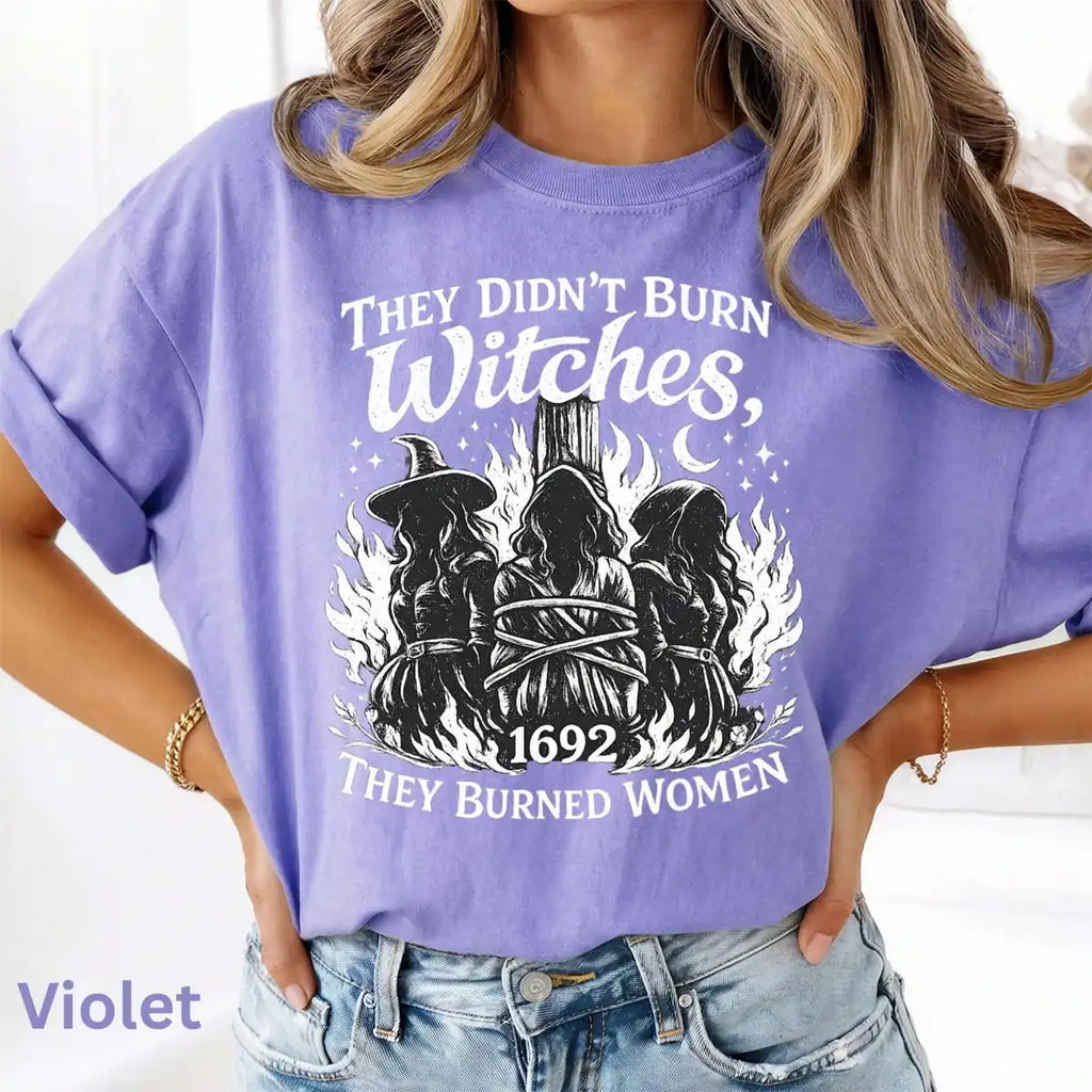 Comfort Colors T-shirt in Crunchberry featuring witches tied at stake graphic