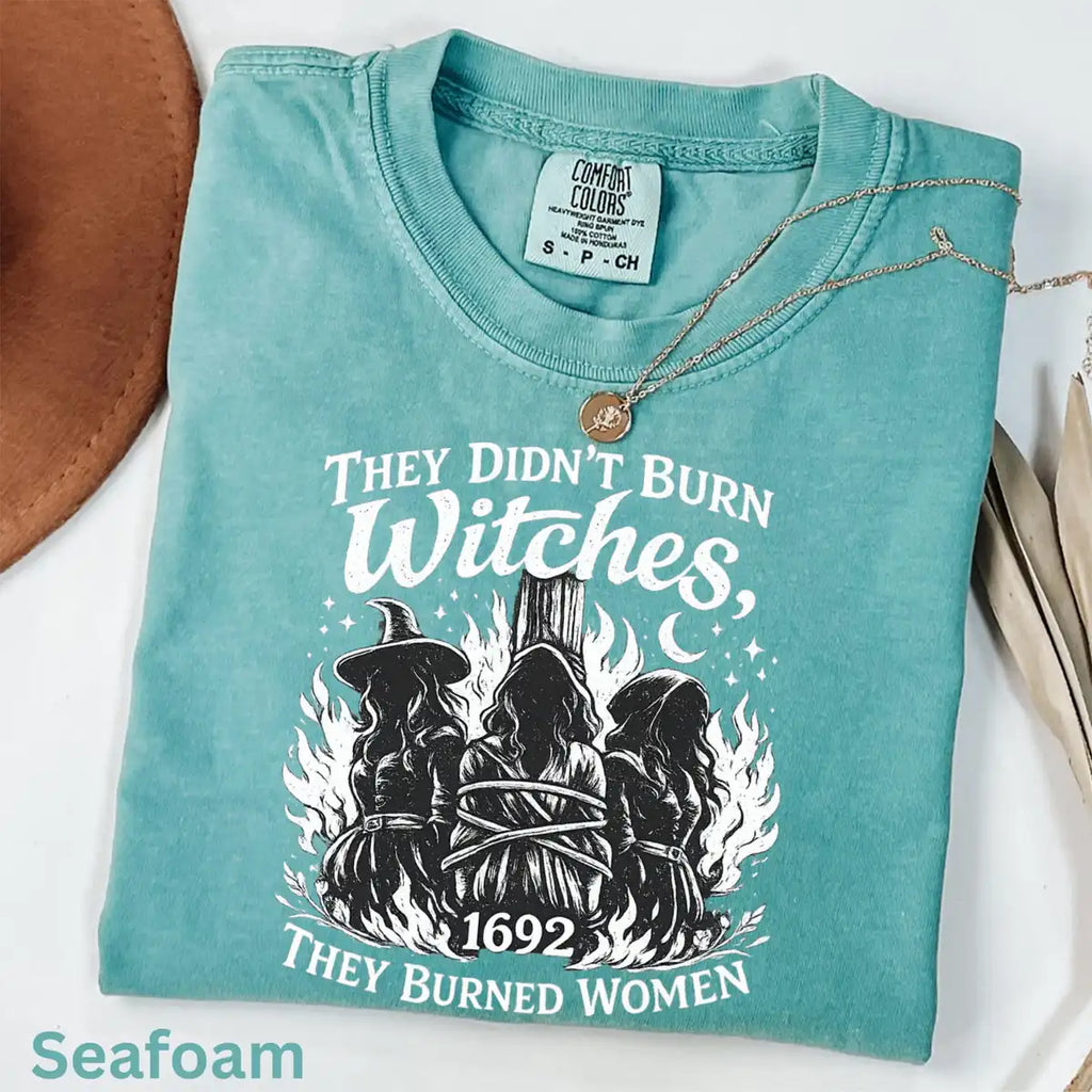 Comfort Colors T-shirt in Ivory featuring witches tied at stake graphic