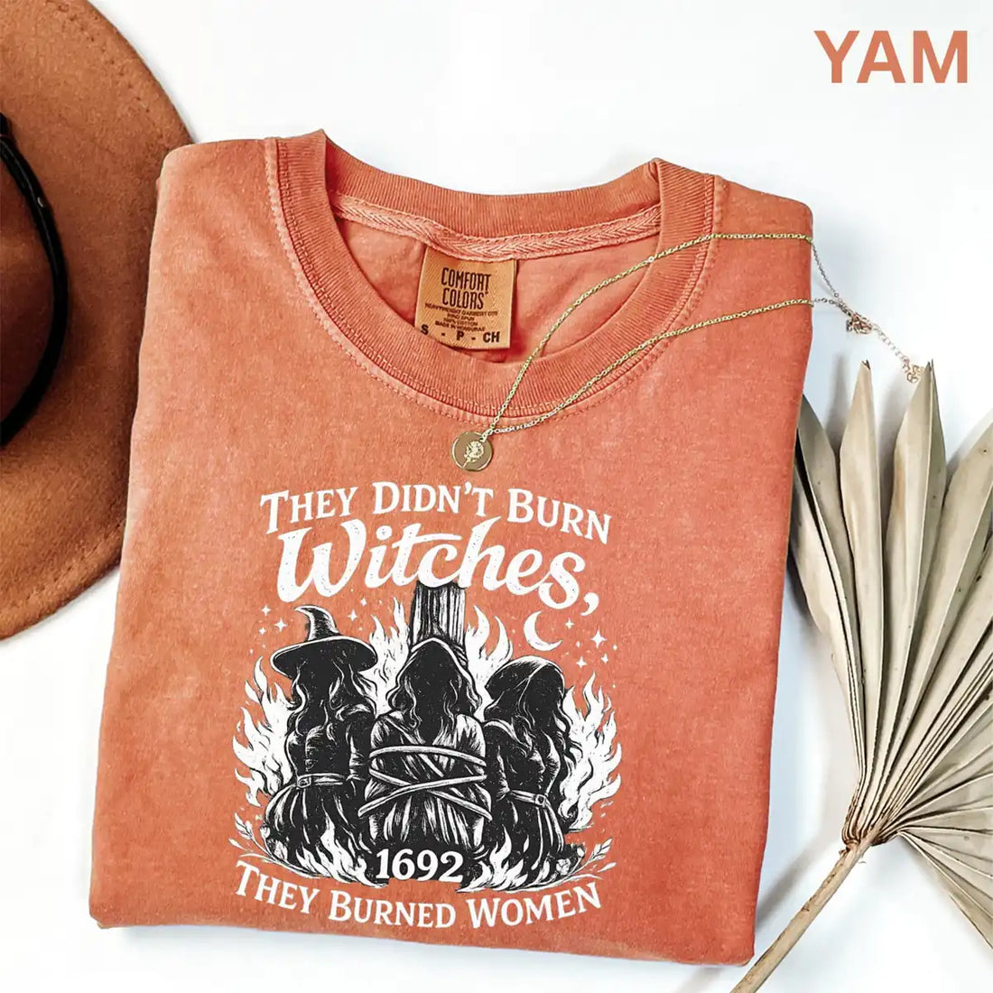 Comfort Colors T-shirt in Yam featuring witches tied at stake graphic