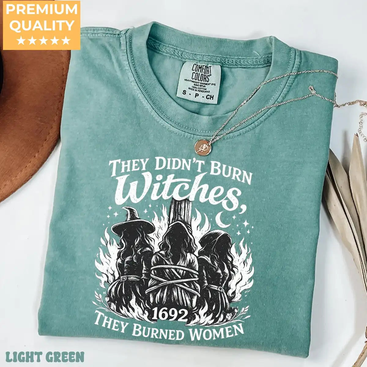 Comfort Colors T-shirt in Espresso featuring witches tied at stake graphic