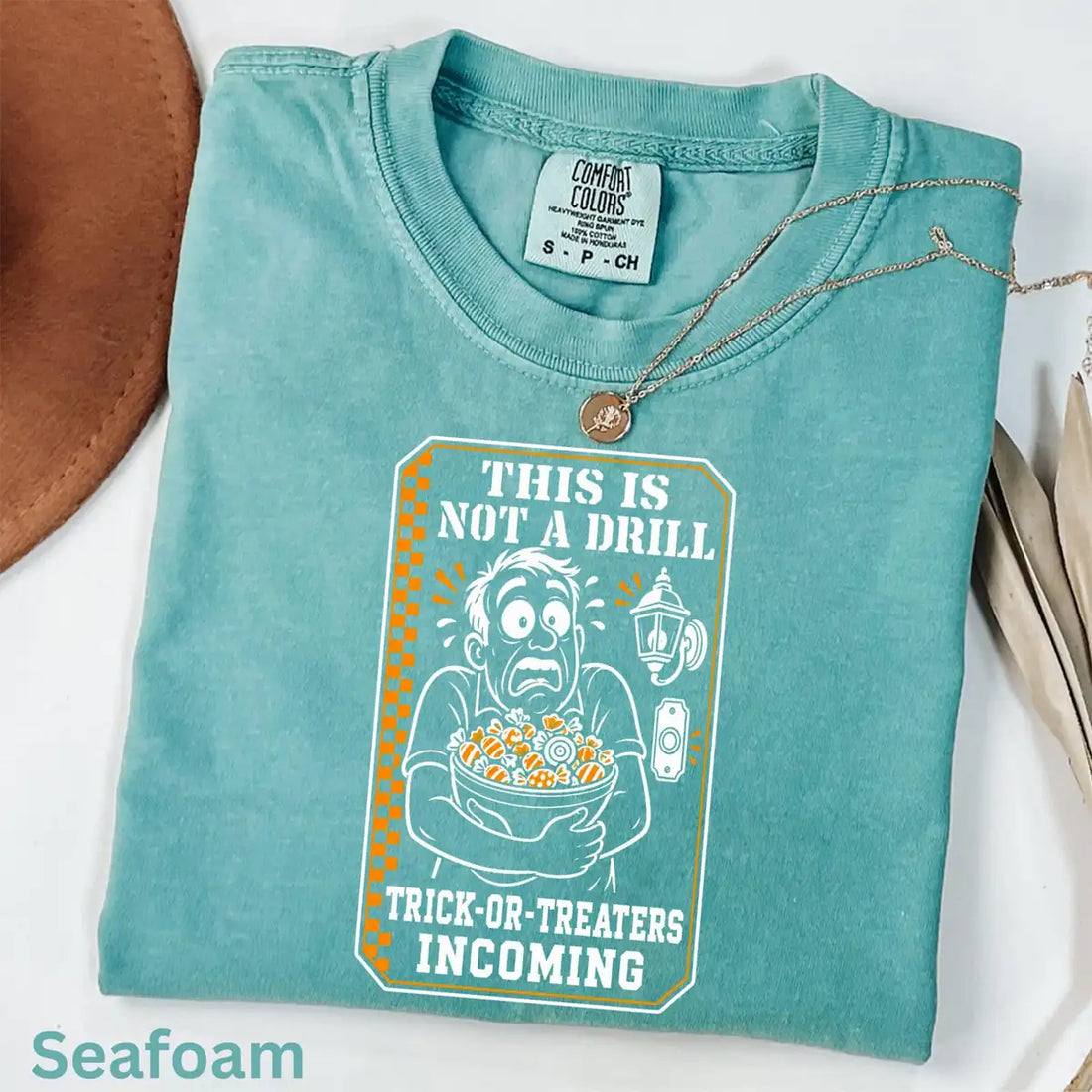Comfort Colors T-shirt in Seafoam color featuring This Is Not A Drill funny dad holding candy graphic
