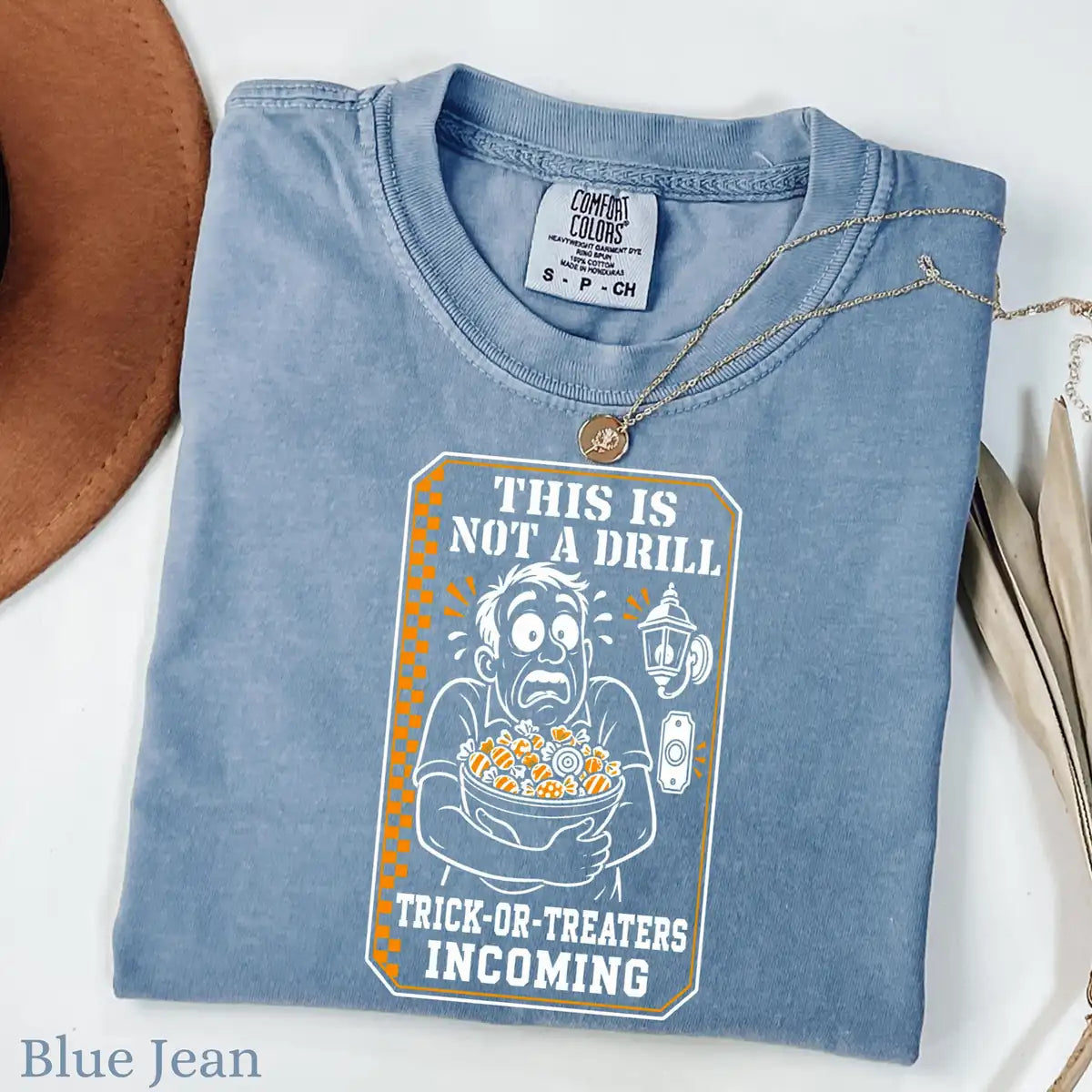 Comfort Colors T-shirt in Moss featuring funny dad trick or treat graphic