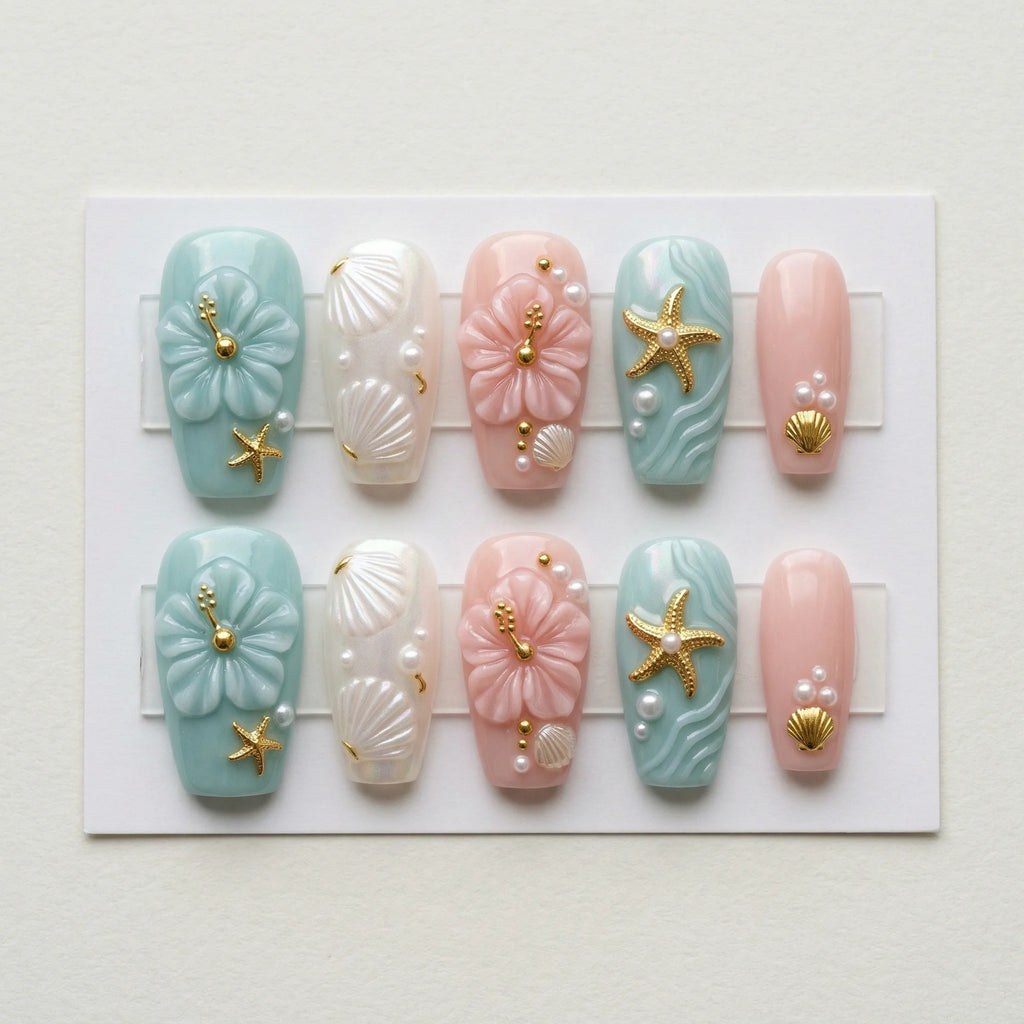 tiffany blue 3d coffin medium press on nails hibiscus gold starfish flat lay 01