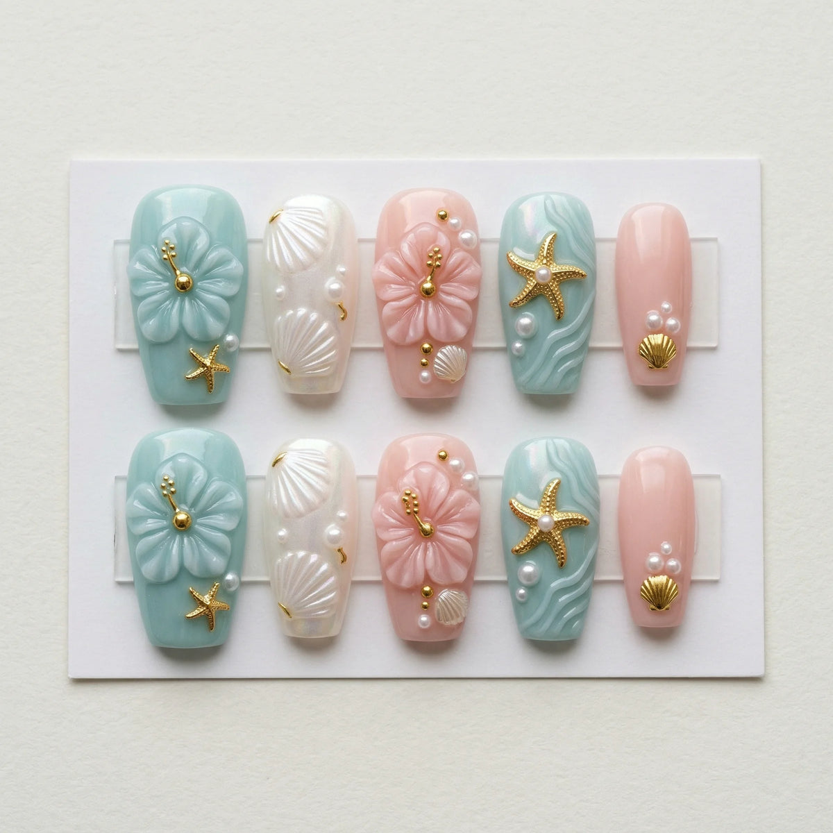 tiffany blue 3d coffin medium press on nails hibiscus gold starfish flat lay 01