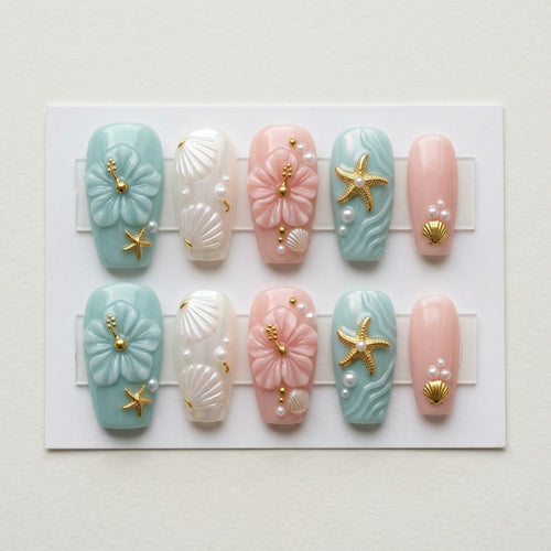 tiffany blue 3d coffin medium press on nails hibiscus gold starfish flat lay 01