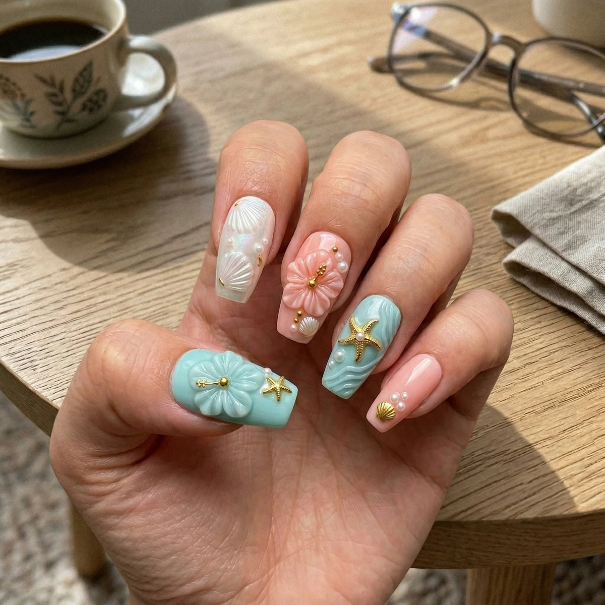 tiffany blue 3d coffin medium press on nails hibiscus gold starfish lifestyle 02