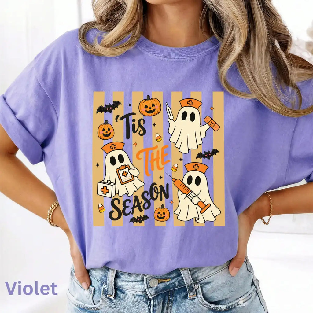 Violet Comfort Colors T-shirt with Tis The Season Nurse Ghosts Medical Halloween artwork