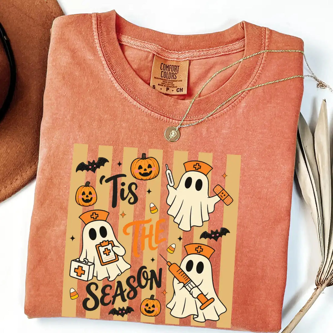 Comfort Colors T-shirt with Tis The Season Nurse Ghosts Medical Halloween artwork