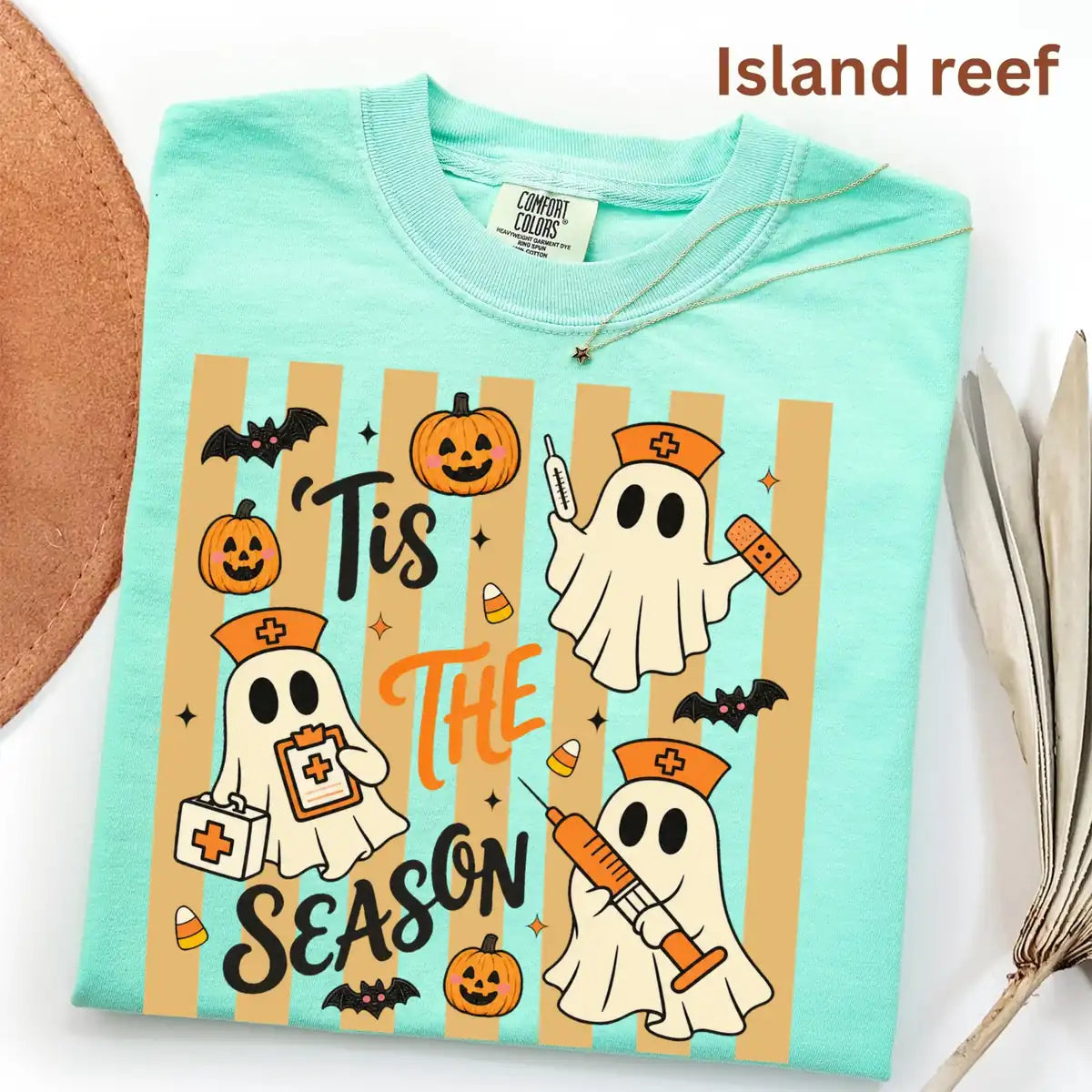 Island Reef Comfort Colors T-shirt with Tis The Season Nurse Ghosts Medical Halloween artwork