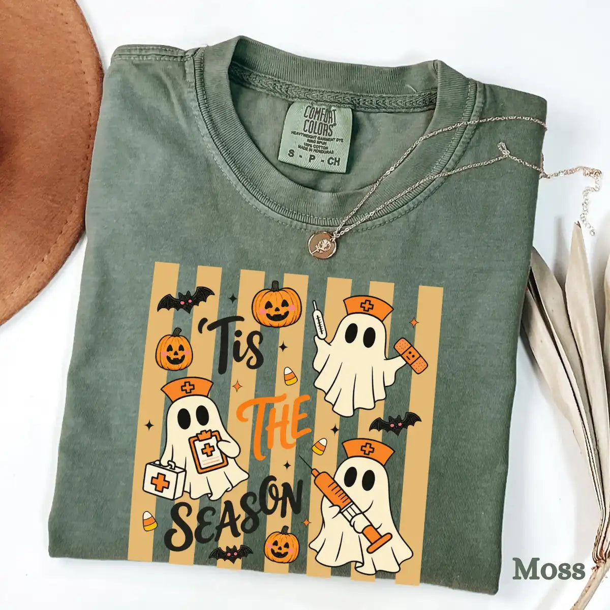 Moss Comfort Colors T-shirt with Tis The Season Nurse Ghosts Medical Halloween artwork