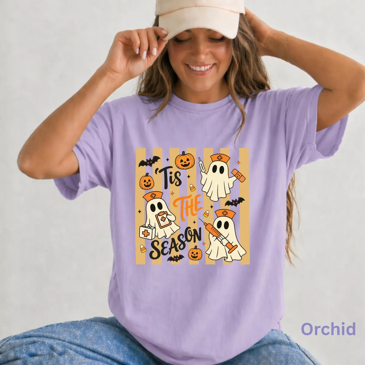 Orchid Comfort Colors T-shirt with Tis The Season Nurse Ghosts Medical Halloween artwork