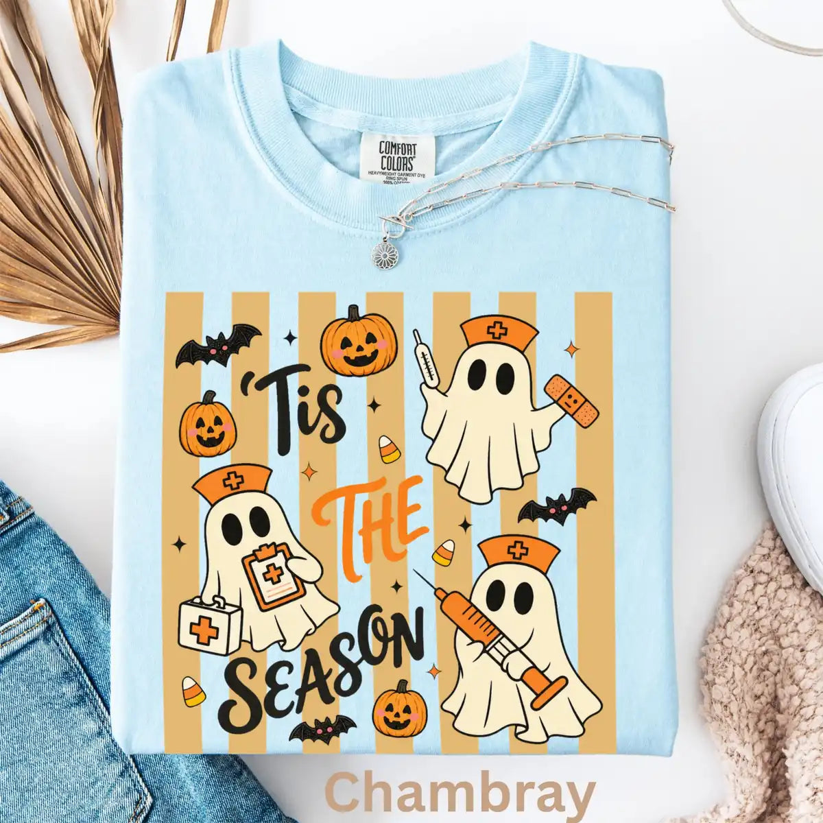 Chambray Comfort Colors T-shirt with Tis The Season Nurse Ghosts Medical Halloween artwork