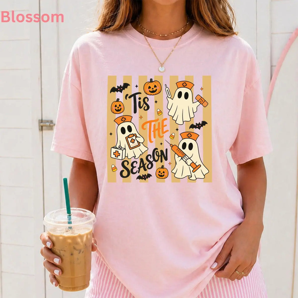 Blossom Comfort Colors T-shirt with Tis The Season Nurse Ghosts Medical Halloween artwork