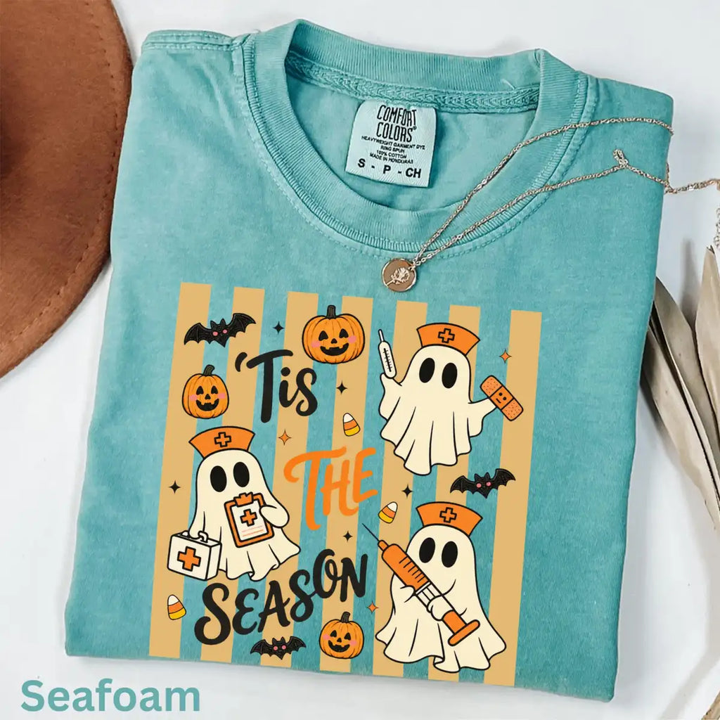 Seafoam Comfort Colors T-shirt with Tis The Season Nurse Ghosts Medical Halloween artwork