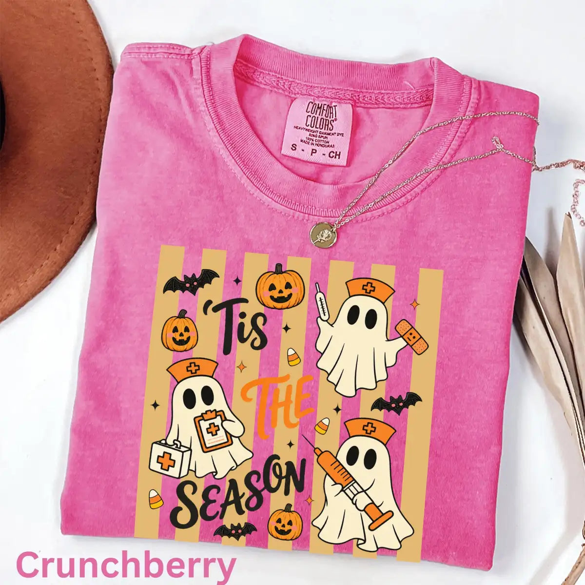 Crunchberry Comfort Colors T-shirt with Tis The Season Nurse Ghosts Medical Halloween artwork