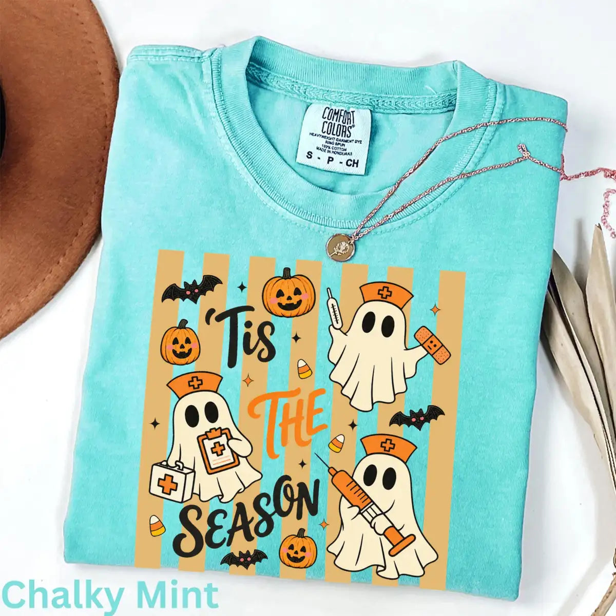 Chalky Mint Comfort Colors T-shirt with Tis The Season Nurse Ghosts Medical Halloween artwork