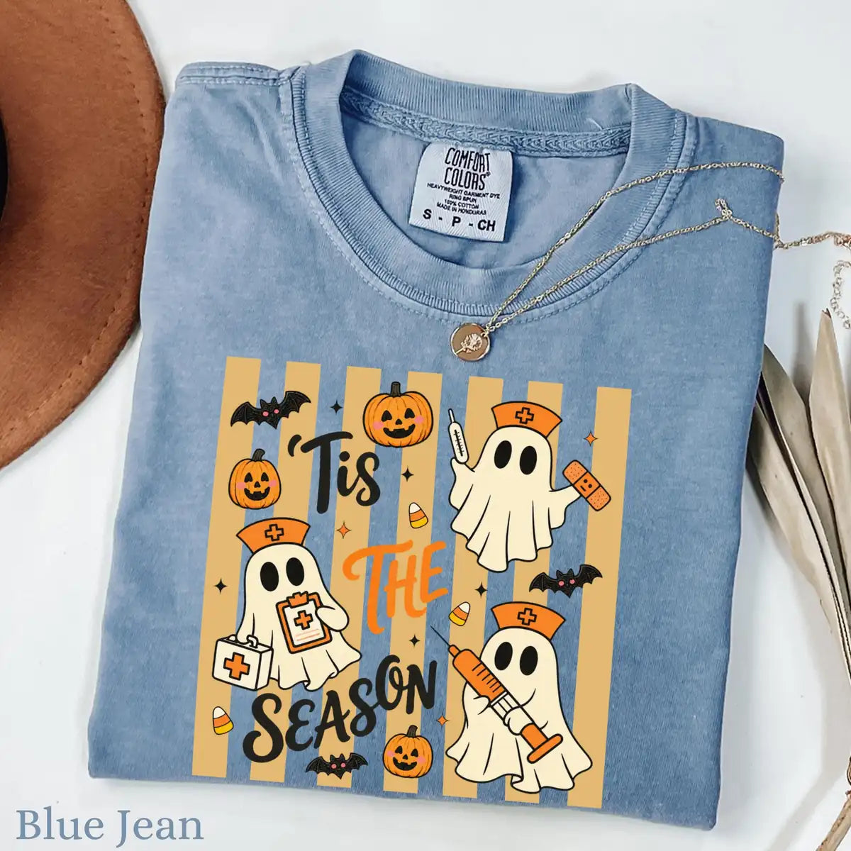 Blue Jean Comfort Colors T-shirt with Tis The Season Nurse Ghosts Medical Halloween artwork