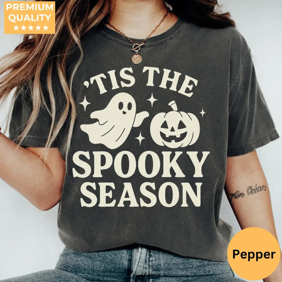 Comfort Colors T-shirt in Pepper color featuring Tis The Spooky Season graphic