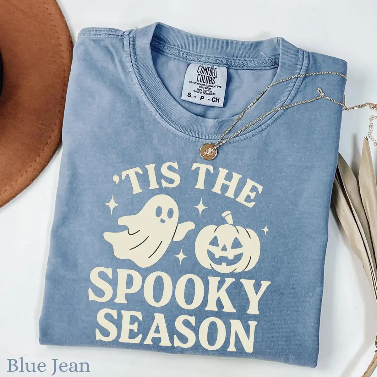 Comfort Colors T-shirt in Blue Jean color featuring Tis The Spooky Season graphic