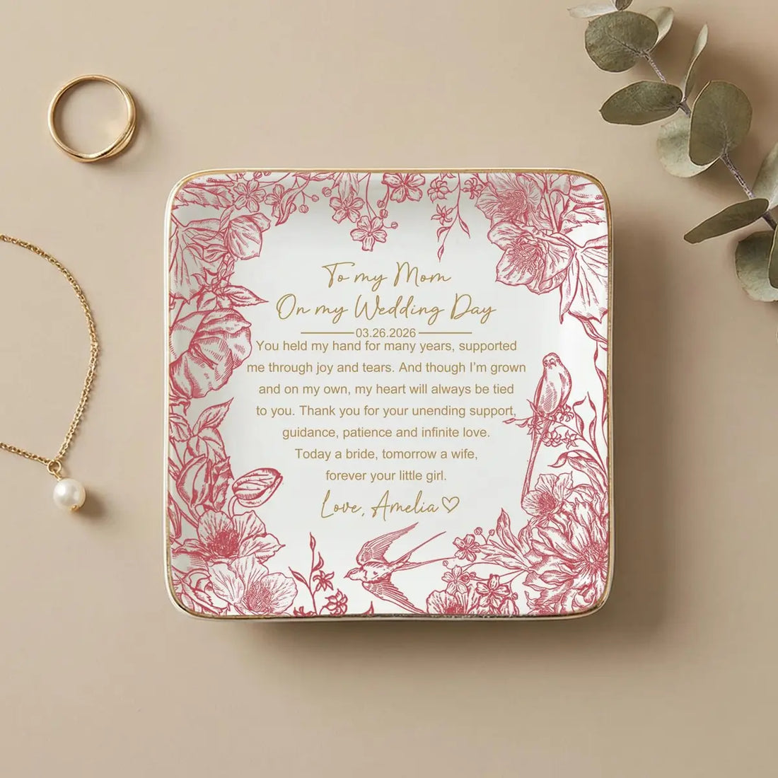 Mother of the Bride Trinket Dish, Custom Toile De Jouy Trinket Tray, Wedding Gift for Mom, Mom Keepsake