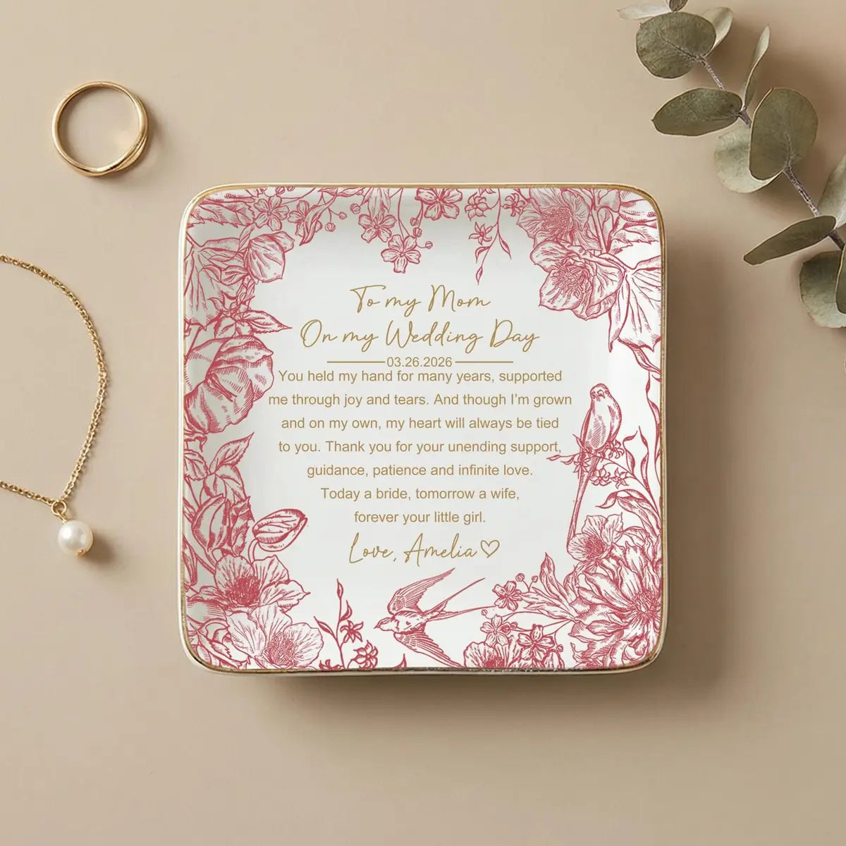 Mother of the Bride Trinket Dish, Custom Toile De Jouy Trinket Tray, Wedding Gift for Mom, Mom Keepsake