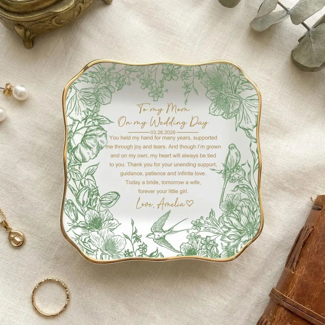 Mother of the Bride Trinket Dish, Custom Toile De Jouy Trinket Tray, Wedding Gift for Mom, Mom Keepsake