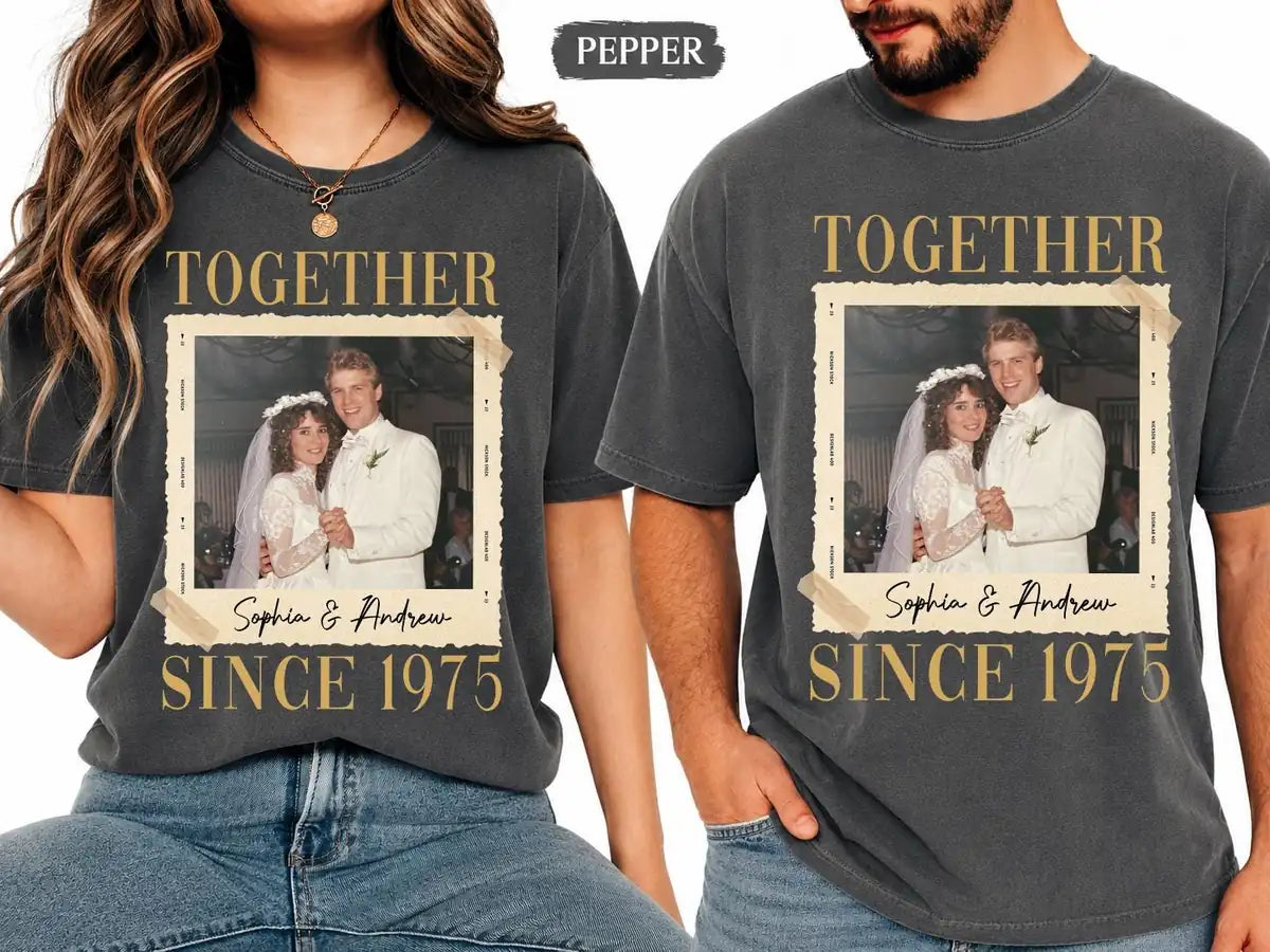 together-since-couple-custom-photo-names-year-wedding-anniversary-comfort-colors-t-shirt custom photo Comfort Colors T-Shirt model mockup preview 01
